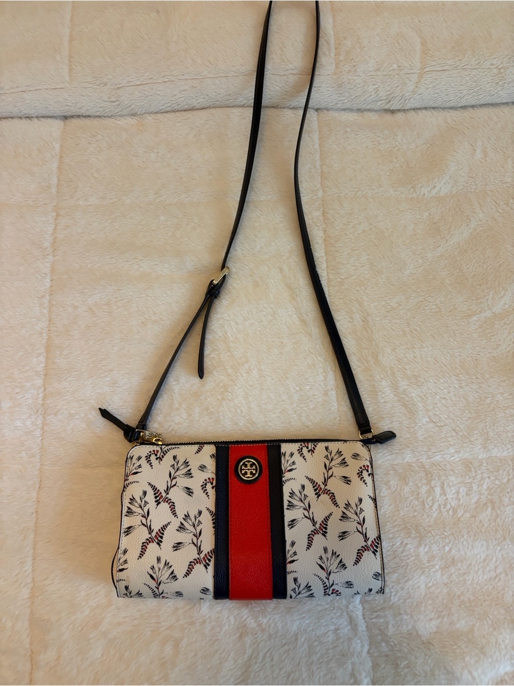 Tory Burch Cream Floral Crossbody with Red & Black Stripe